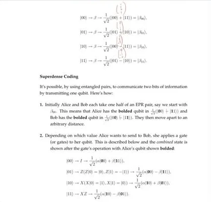 A page of Perry's book on superdense coding, with my red notes writing each Bell state as a column vector.