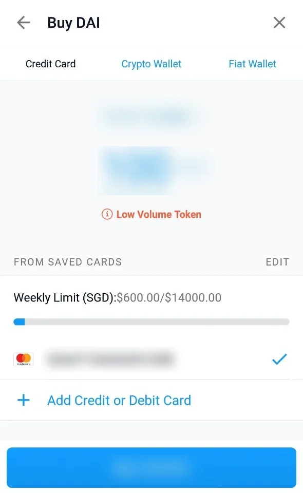 The Crypto.com app's Buy DAI screen in March 2020: a Low Volume Token warning and payment by saved credit card. The amounts and card number are blurred.