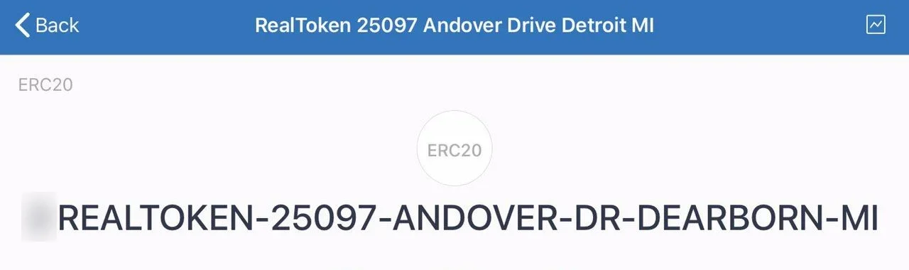 Trust Wallet showing an ERC-20 token named REALTOKEN-25097-ANDOVER-DR-DEARBORN-MI. The quantity is blurred.