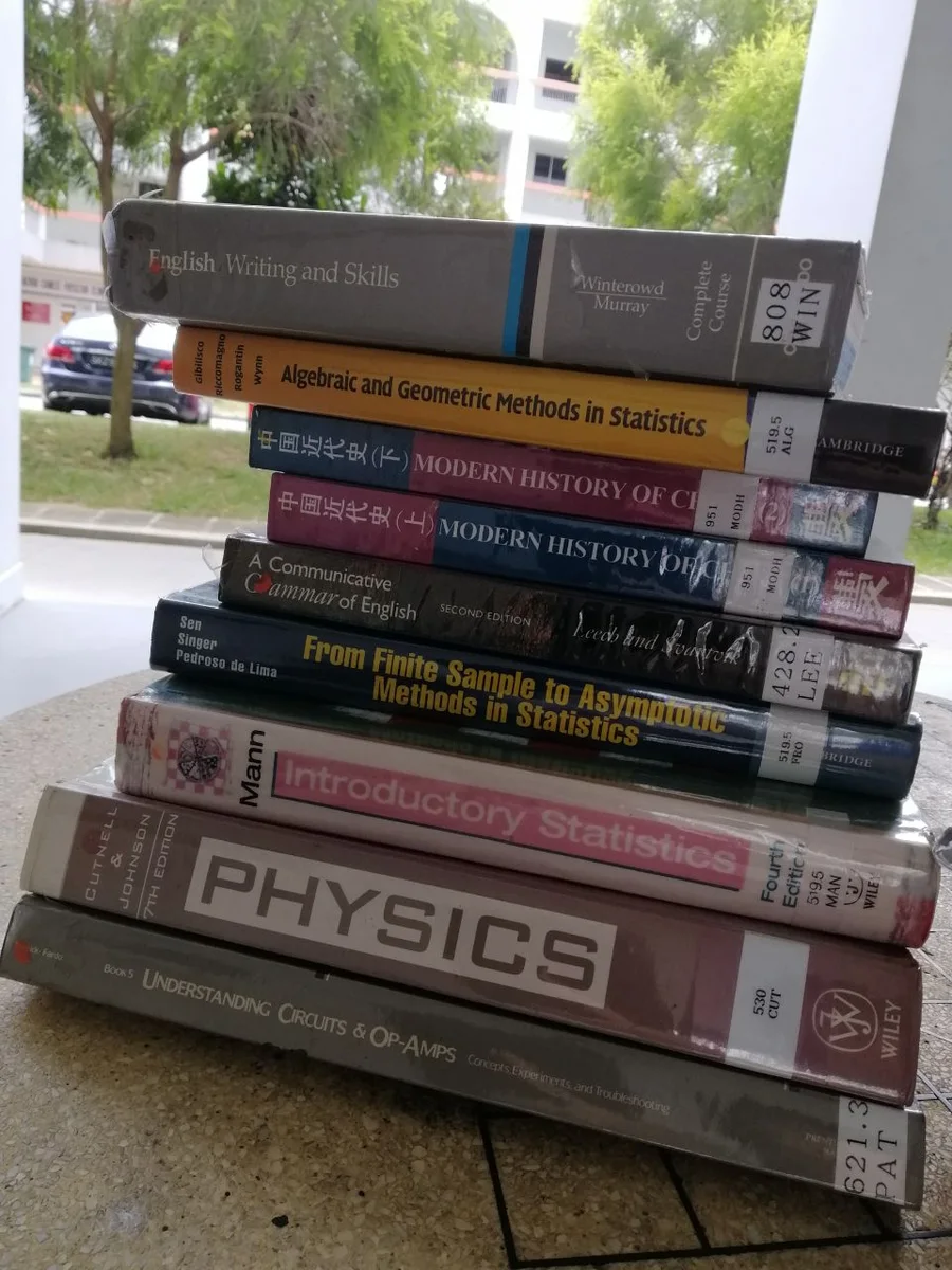 A tall stack of textbooks on a ledge: English writing and skills, algebraic and geometric methods in statistics, modern history, introductory statistics, physics, and understanding circuits and op-amps.