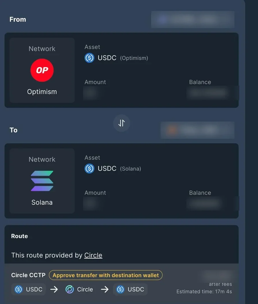 The Portal bridge's route from Optimism to Solana: route provided by Circle, Circle CCTP, approve transfer with destination wallet, estimated time 17 minutes 4 seconds. Wallet addresses, amounts and balances are blurred.