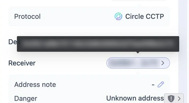 Rabby wallet's signing screen for a Circle CCTP bridge: the receiver is an Ethereum address, blurred, and the Danger row reads Unknown address.