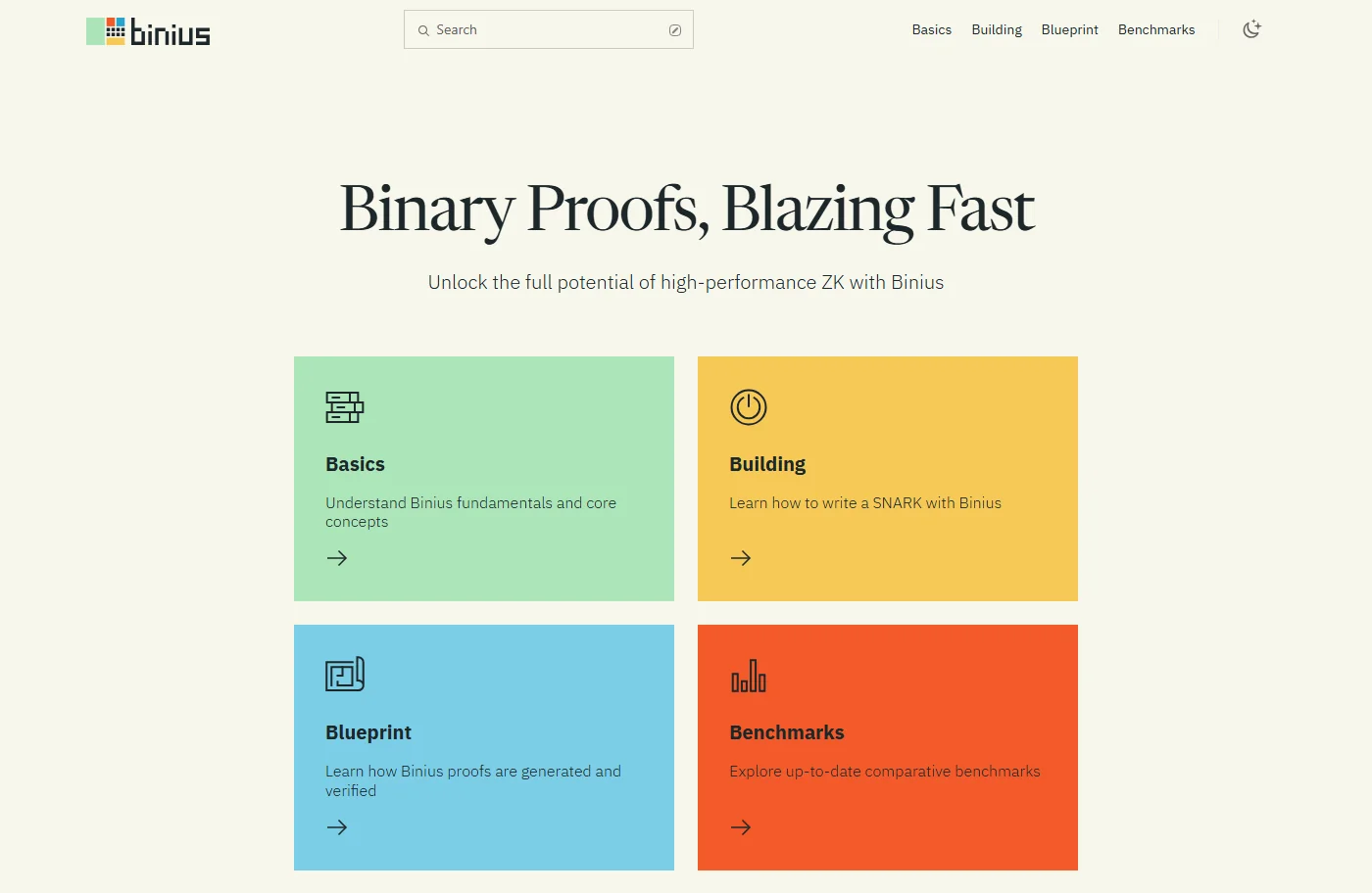 The home page of binius.xyz, the Binius documentation, as archived on 21 February 2025: the headline Binary Proofs, Blazing Fast, and four cards for Basics, Building, Blueprint and Benchmarks.
