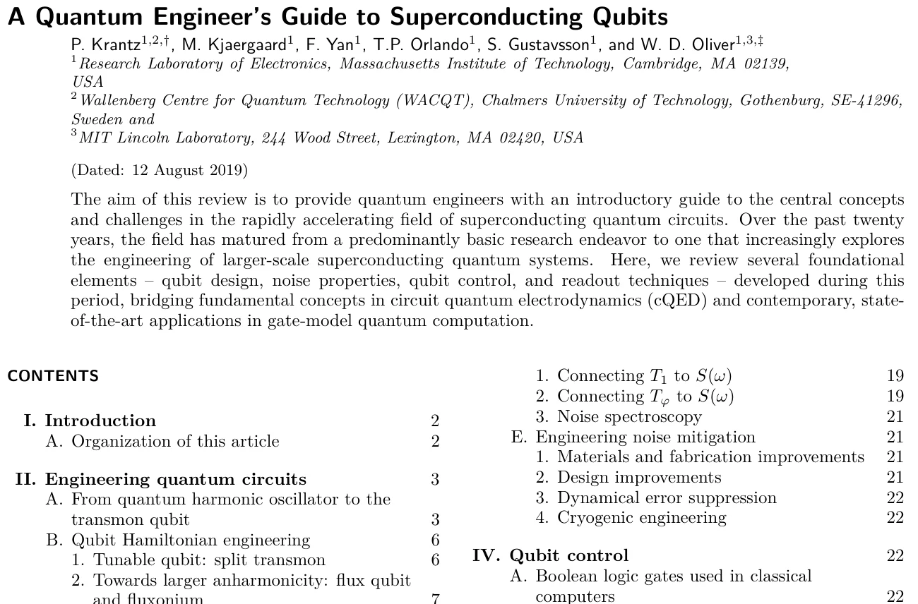 The first page of A Quantum Engineer's Guide to Superconducting Qubits by P. Krantz, M. Kjaergaard, F. Yan, T. P. Orlando, S. Gustavsson and W. D. Oliver, dated 12 August 2019: the abstract, and a table of contents running from engineering quantum circuits, from the quantum harmonic oscillator to the transmon qubit, through noise and decoherence, to qubit control.