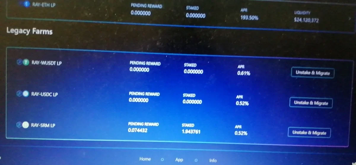 Raydium's Legacy Farms on a laptop screen in March 2021: RAY-WUSDT, RAY-USDC and RAY-SRM farms, each with an Unstake and Migrate button.