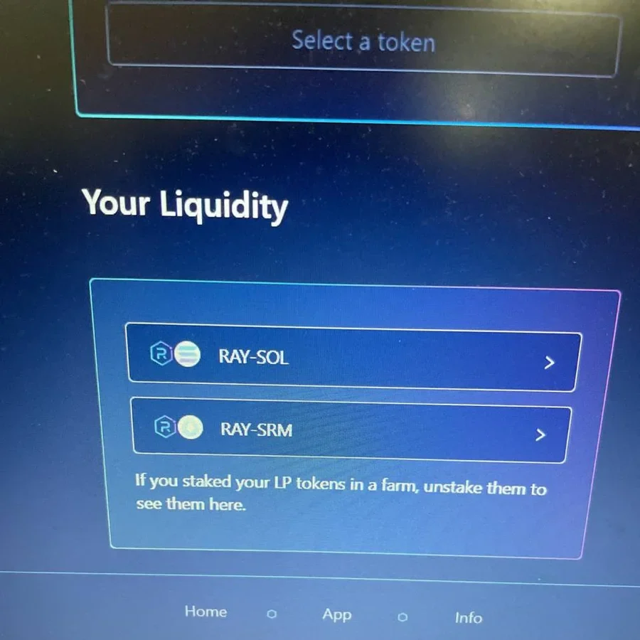 Raydium's Your Liquidity panel on a laptop screen in April 2021, listing RAY-SOL and RAY-SRM positions.