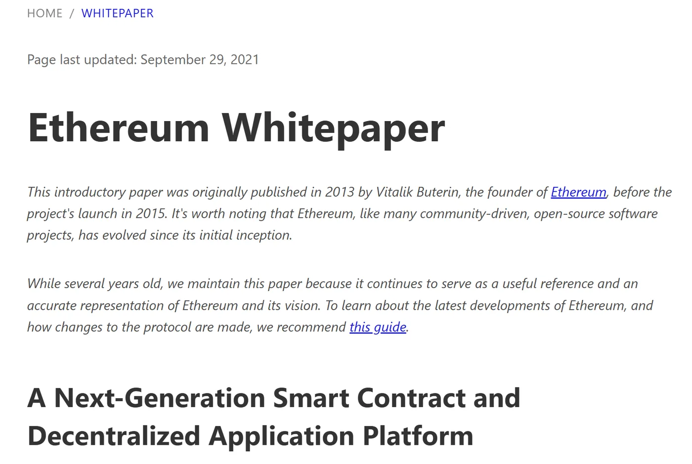 The Ethereum whitepaper on ethereum.org, last updated late September 2021, under the heading A Next-Generation Smart Contract and Decentralized Application Platform.